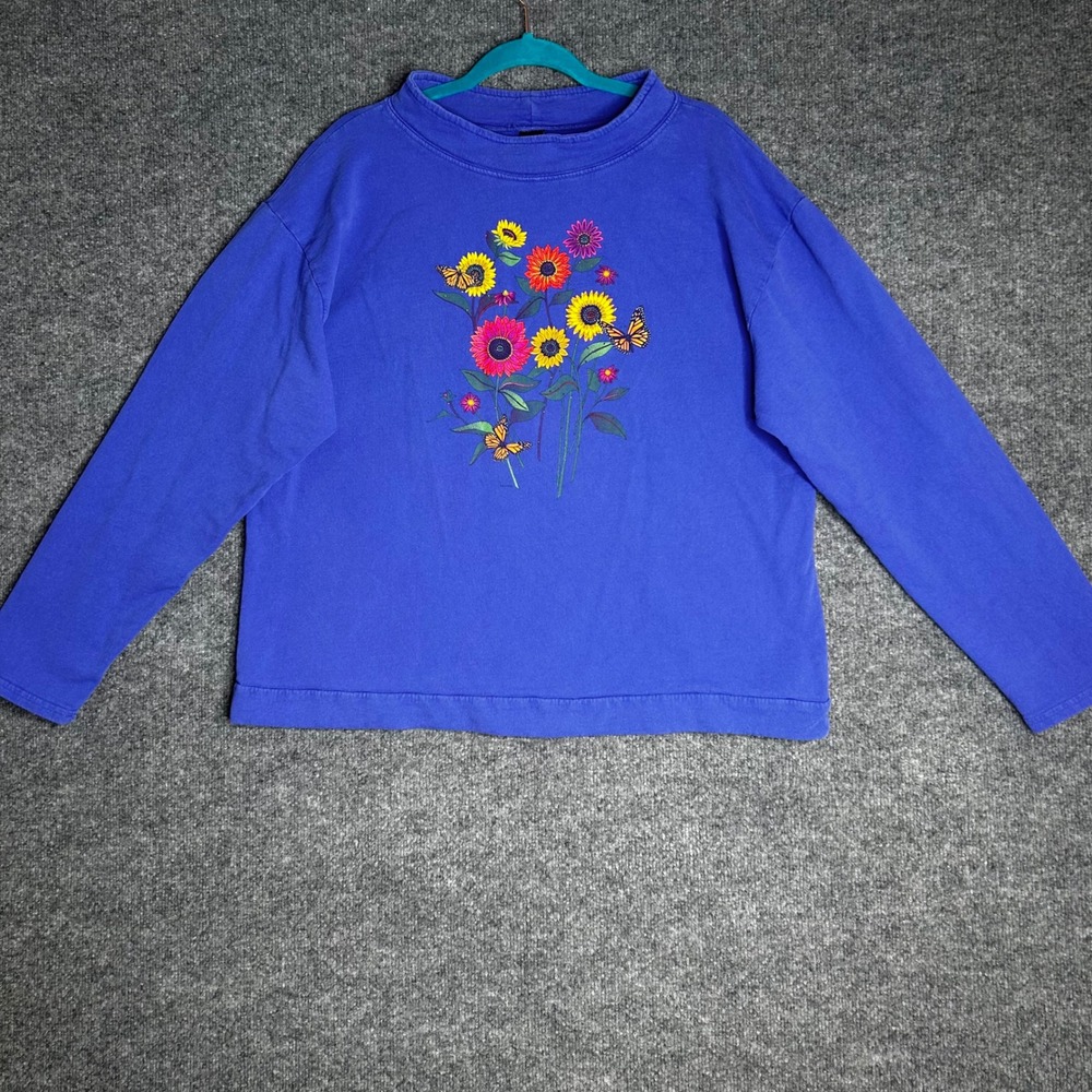 Sabaku Artwear Womens Large Blue Floral Sunflower Butterfly Sweatshirt Artsy